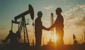 Silhouette of engineer and worker shaking hands in oil field.
