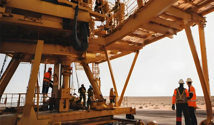 Workers on an oil rig in the desert.