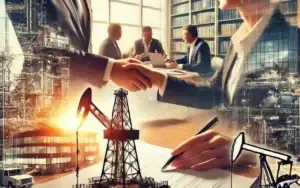 Experts analyze mineral rights and royalties in a modern office, focusing on strategic planning with documents and a computer display