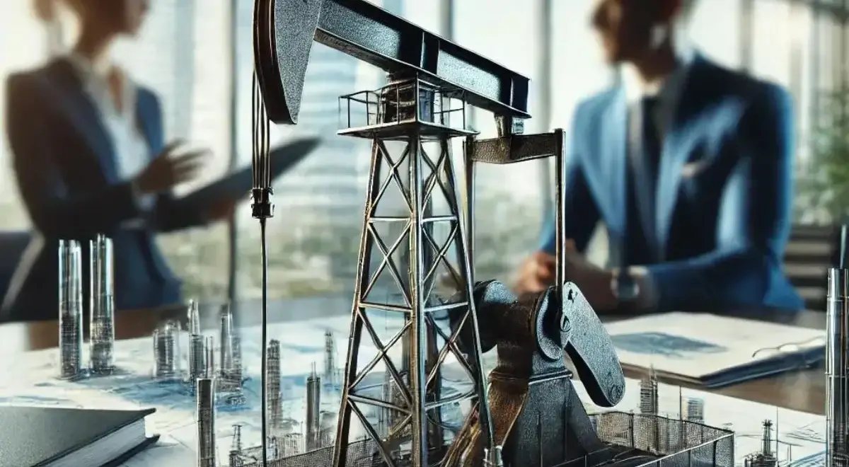 Corporate office scene with two professionals discussing mineral rights strategies, featuring an oil pump jack model on a desk, underlining the strategic planning involved in mineral rights.