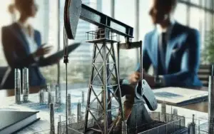 Corporate office scene with two professionals discussing mineral rights strategies, featuring an oil pump jack model on a desk, underlining the strategic planning involved in mineral rights.