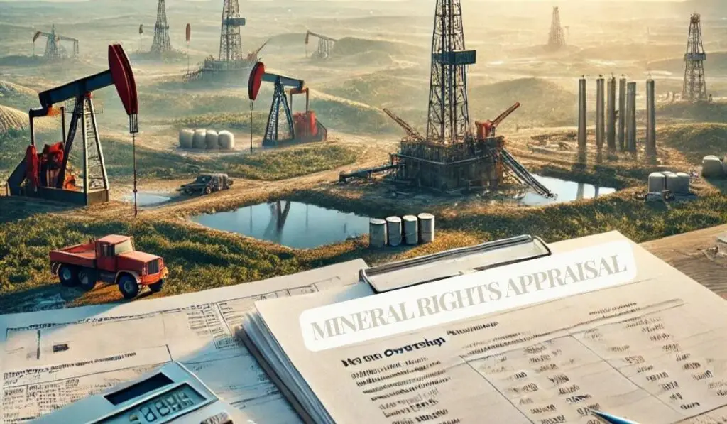 Oil wells with documents and financial papers depicting mineral rights appraisal.