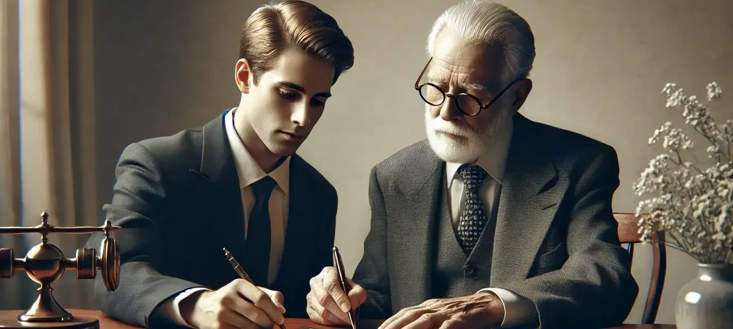 An elderly man with a pen and a younger individual receiving a document, symbolizing the transfer of minerals and royalties rights.