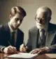 An elderly man with a pen and a younger individual receiving a document, symbolizing the transfer of minerals and royalties rights.