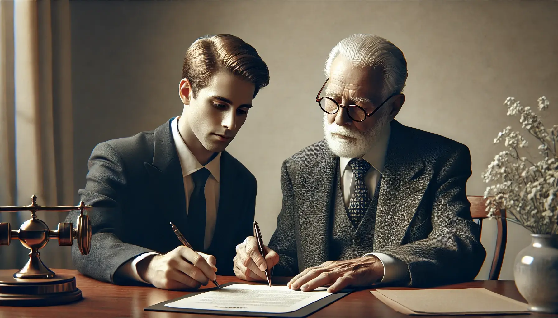 An elderly man with a pen and a younger individual receiving a document, symbolizing the transfer of minerals and royalties rights.