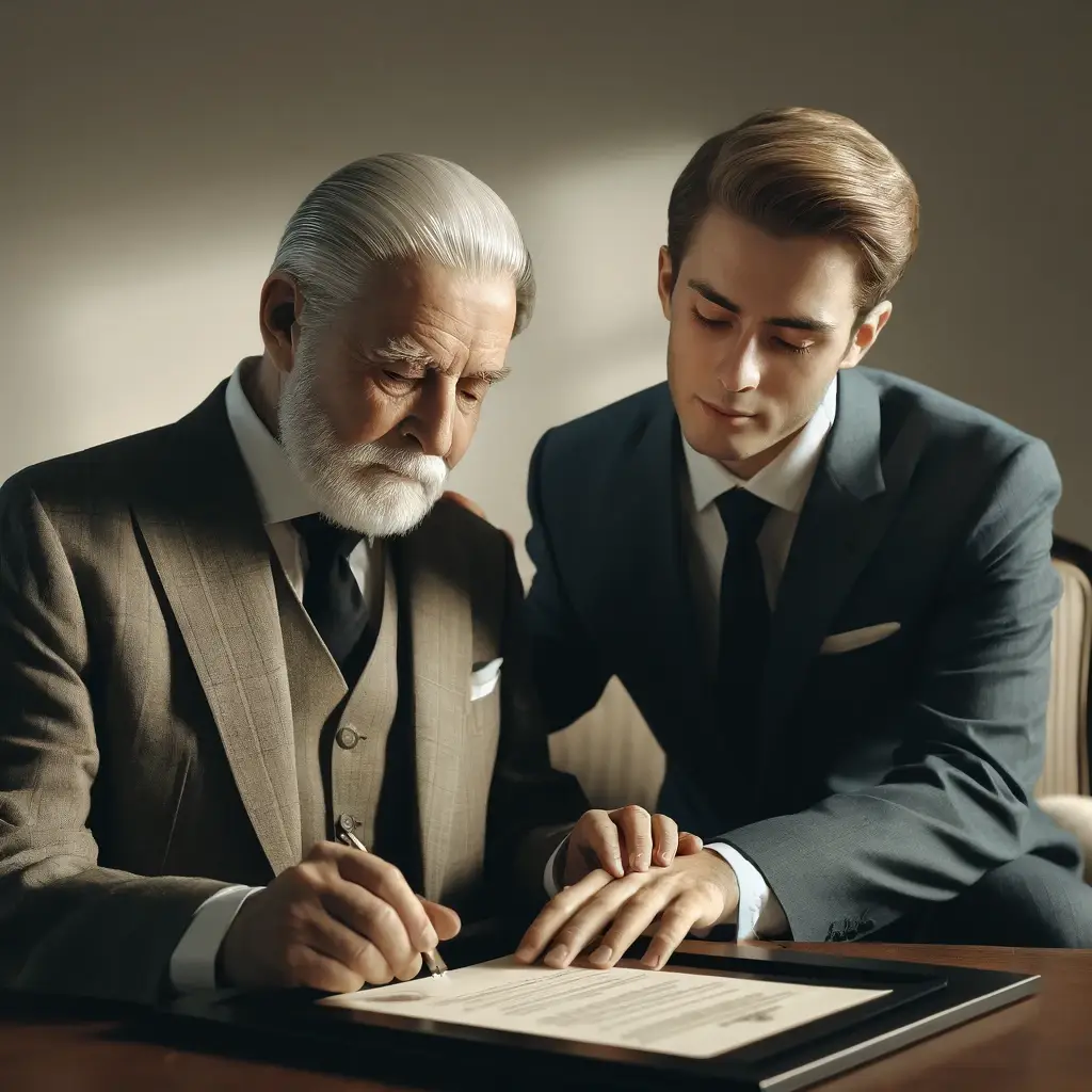 Elderly gentleman signing documents with a young man observing, representing the generational transfer of minerals and royalties legal and financial responsibilities.