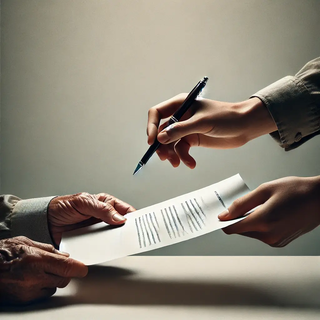 Older hand passing a pen to a younger hand, symbolizing the generational transfer of minerals and royalties.