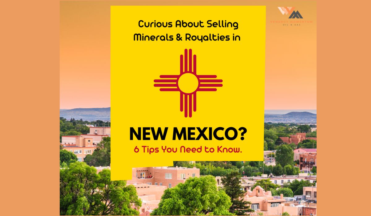 Graphic of New Mexico Zia symbol over a Santa Fe cityscape with text about selling mineral and royalty rights in New Mexico.