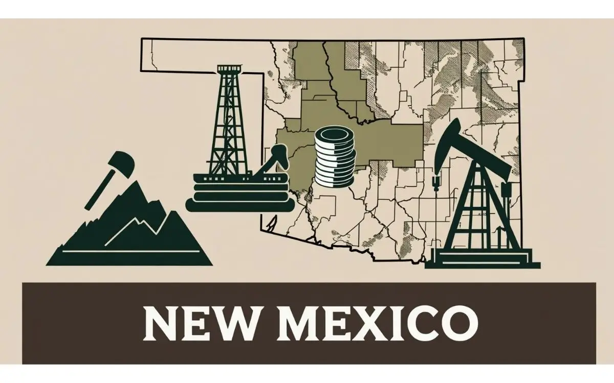 Alt text: Illustration of New Mexico map with icons for oil rigs, royalty checks, and potash mining, representing mineral rights considerations.