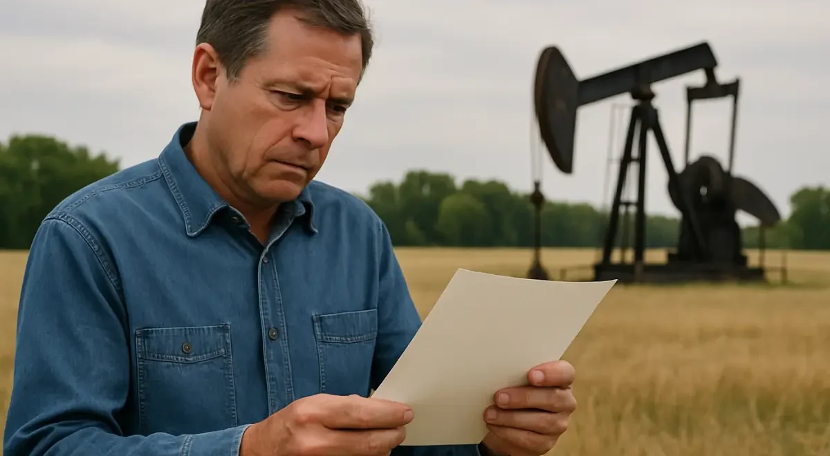 A middle-aged mineral owner stands in a rural oil field, reading a document with concern. The image captures the emotional impact of undervaluing mineral owners 'rights.