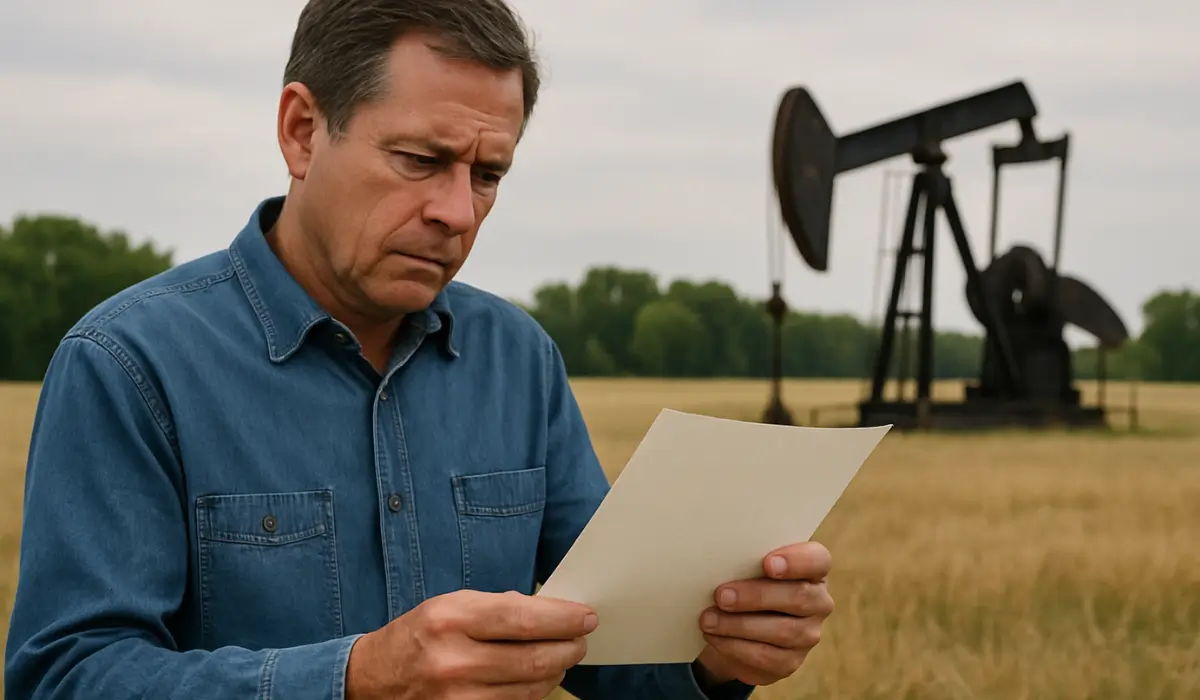 A middle-aged mineral owner stands in a rural oil field, reading a document with concern. The image captures the emotional impact of undervaluing mineral owners 'rights.