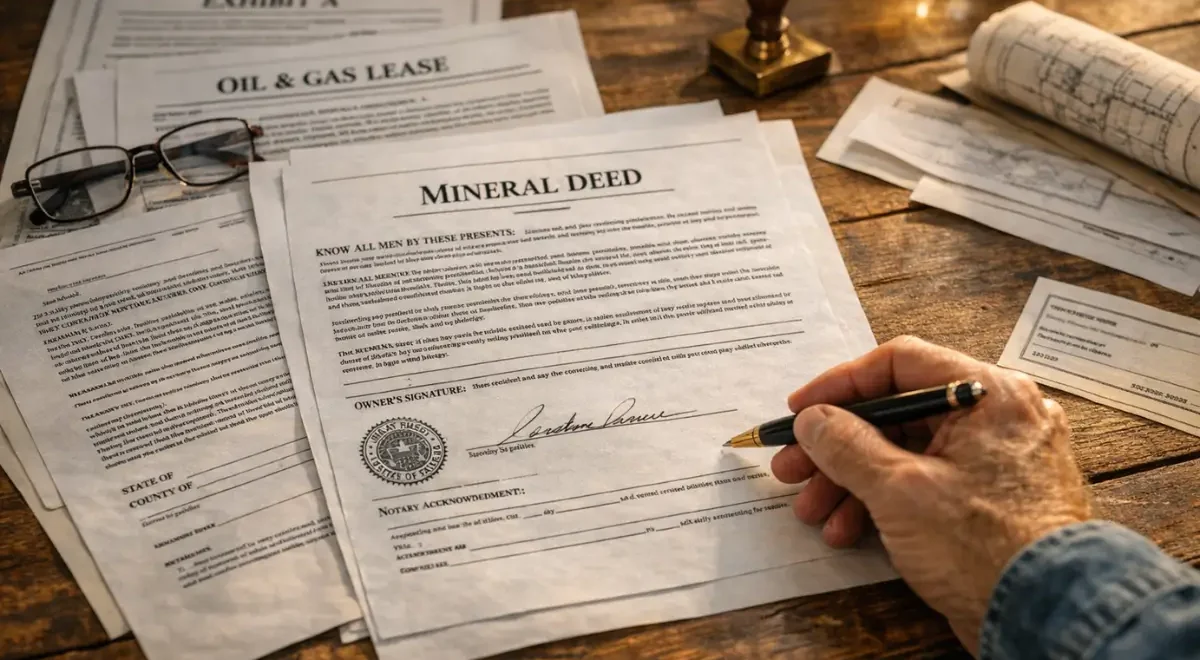 Landowner reviewing and signing mineral deed paperwork on a desk before deciding to sell your mineral rights.