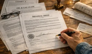 Landowner reviewing and signing mineral deed paperwork on a desk before deciding to sell your mineral rights.
