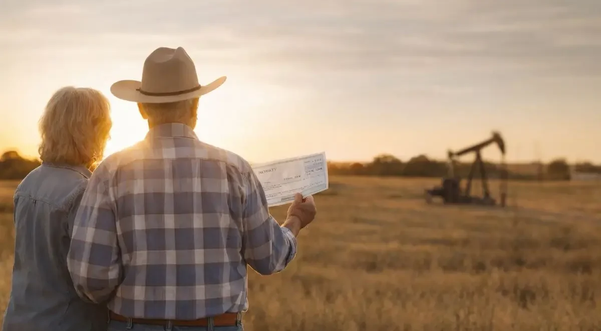 Texas landowners reviewing a mineral rights offer while standing near an oil pumpjack, illustrating how mineral rights values can vary by location and activity